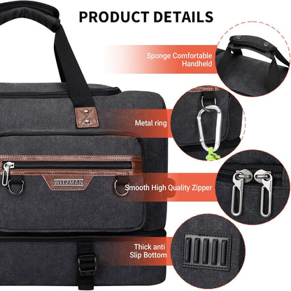 WITZMAN Canvas Weekender Bag Mens Overnight Bag for Traveling Carry on Duffle Bags with Shoes Compartment（A8010 Black）