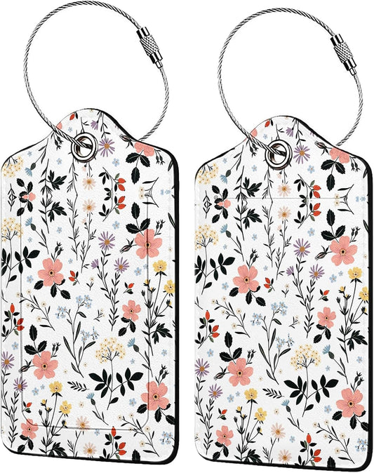 Blooming Flowers Luggage Tags for Suitcases,2 Pack Luggage Tag, Leather Stainless Steel Loop Label Tag for Women Girl Travel Bag Suitcase