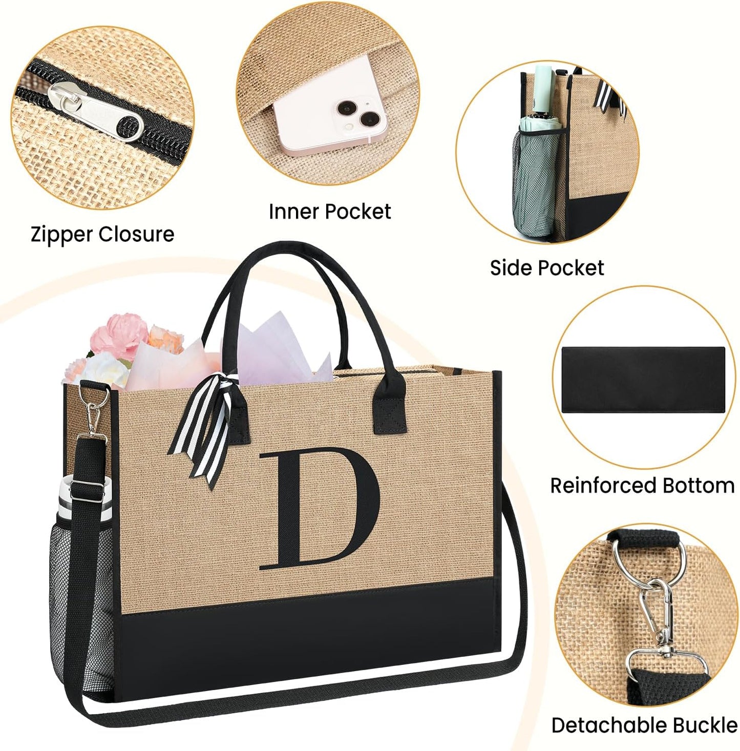 BAGAIL Initial Tote Bag, Personalized Birthday Gifts for Women, Teacher, Friends, Mom, Wedding, Monogrammed Beach Bag