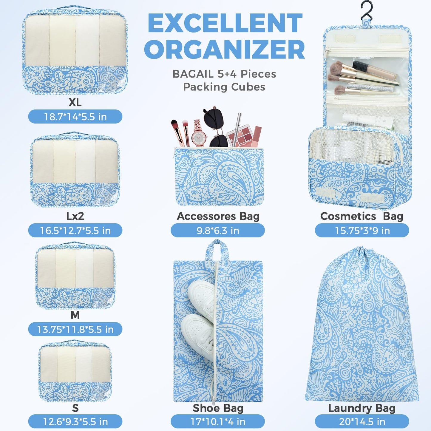 BAGAIL 9 Set Packing Cubes Luggage Packing Organizers for Travel Accessories