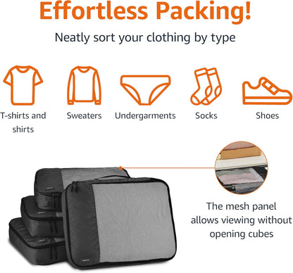 Amazon Basics Large Packing Cubes for Travel, Packing Organizers, 4-Piece-Set With Double Zipper Pulls and Mesh Top Panel, 100% Durable Polyester, Black, 17.5"L x 12.8"W x 3.3"H