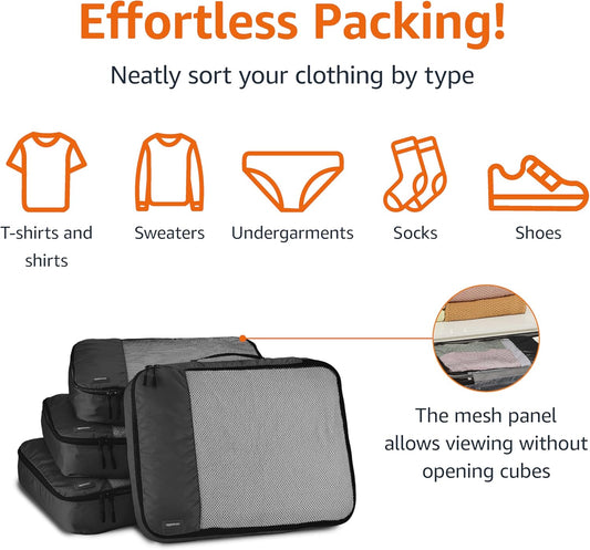 Amazon Basics Large Packing Cubes for Travel, Packing Organizers, 4-Piece-Set With Double Zipper Pulls and Mesh Top Panel, 100% Durable Polyester, Black, 17.5"L x 12.8"W x 3.3"H