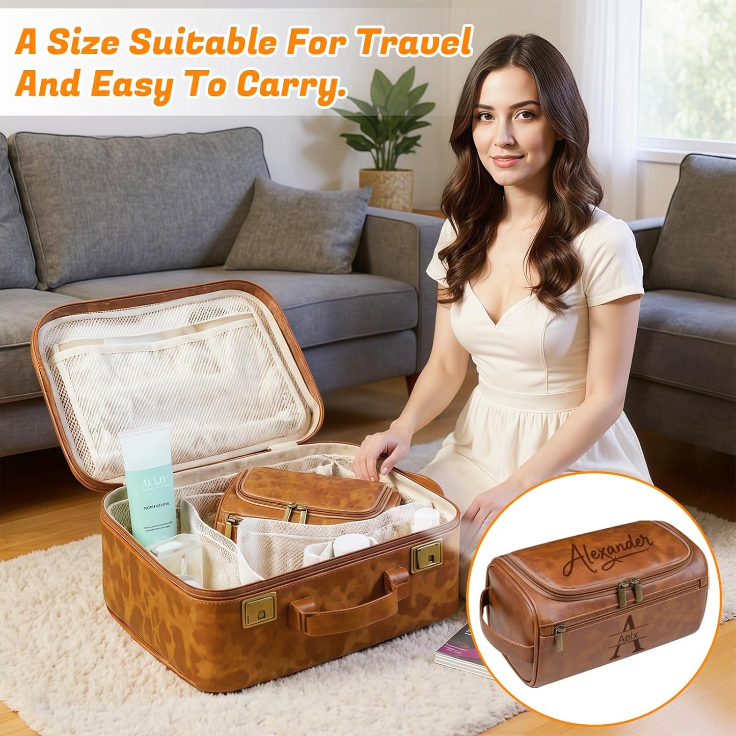 3-in-1 unisex PU toiletry bag: laser engraving & detachable waterproof section. Great personalized gifts (groomsmen, Father's Day, birthdays) — ideal for travel, gym, camping.