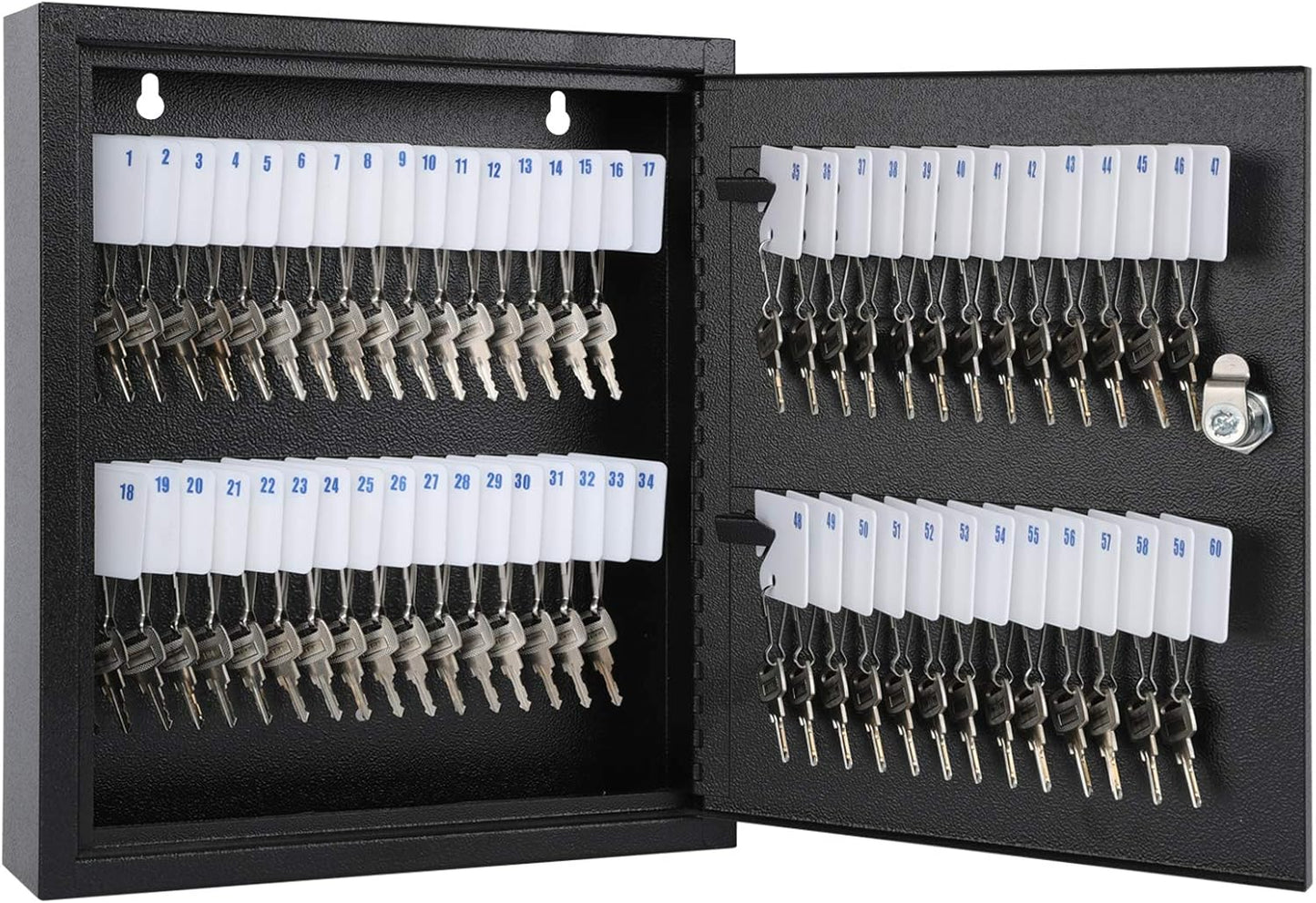 KYODOLED Key Storage Lock Box with Key, Locking Key Cabinet, 60 Key Management Wall Mount with Key Lock, Key Hooks & Tags Key Labels, 2.5" D x 10.2" W x 12.1" H (Black,60 Key)