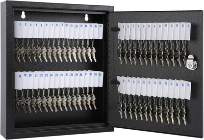 KYODOLED Key Storage Lock Box with Key, Locking Key Cabinet, 60 Key Management Wall Mount with Key Lock, Key Hooks & Tags Key Labels, 2.5" D x 10.2" W x 12.1" H (Black,60 Key)