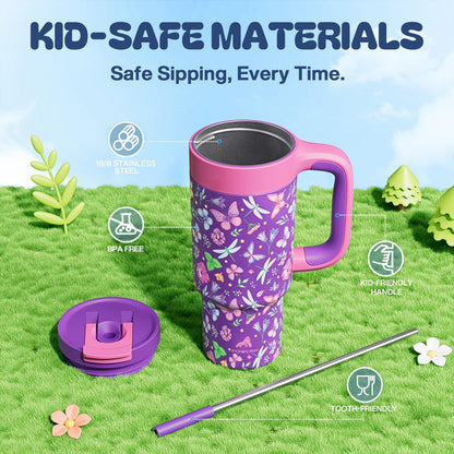 24 oz Insulated Tumbler for Kids: Spill-Proof, 2-in-1 Straw Lid, Cold for 26 Hrs, Stainless Steel Cup with Handle for School, Camping, Gift, Daily, Outdoor, Trip, Travel, Vacation (Butterfly Field)