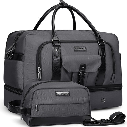 WITZMAN Weekender Bags for Men Women Carry On Duffle Overnight Bag with Toiletry Bag Sets Travel Duffel Bag Shoes Compartment （B694 Silvery Grey）