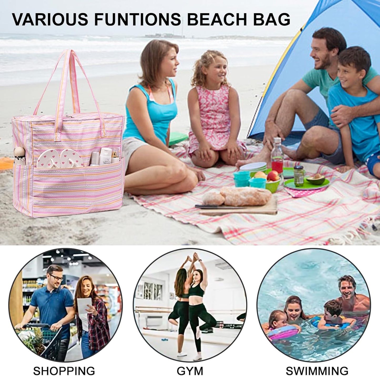 Waterproof Beach Tote Pool Bags for Women Ladies Extra Large Gym Tote Carry On Bag With Wet Compartment for Weekender Travel