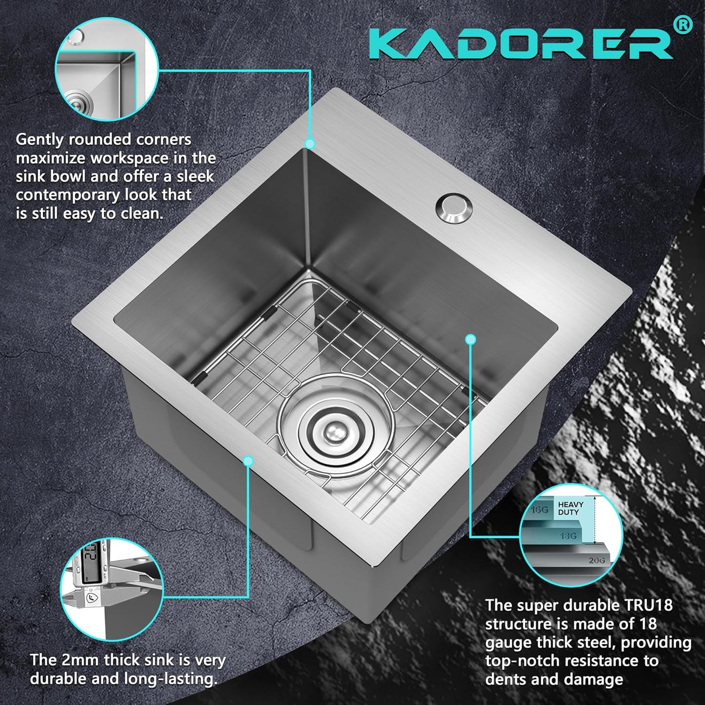 15 x 15 Inch Drop In Bar Sink, Small Kitchen Sink Single Bowl Topmount Bar Prep Sink 18 Gauge Stainless Steel Bar Sink with Grid and Basket Strainer