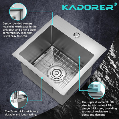 15 x 15 Inch Drop In Bar Sink, Small Kitchen Sink Single Bowl Topmount Bar Prep Sink 18 Gauge Stainless Steel Bar Sink with Grid and Basket Strainer