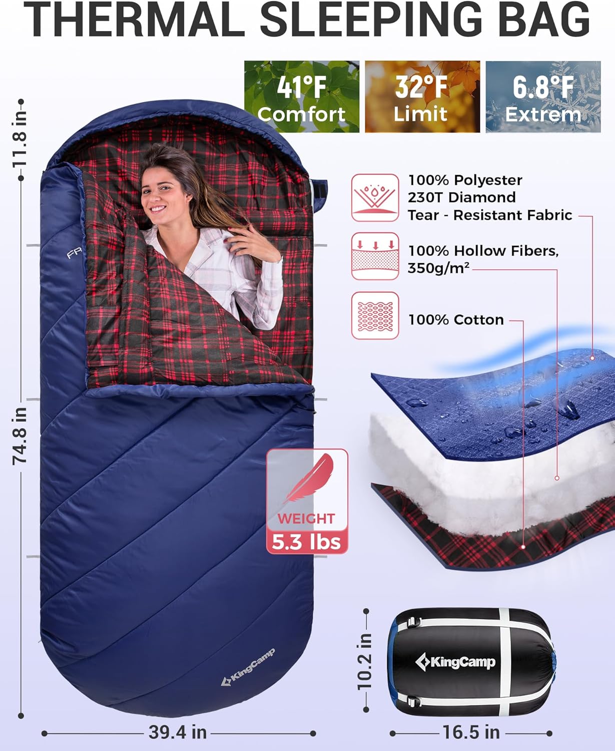 KingCamp Sleeping Bag for Adults, Cold Weather & Warm Extra Wide Big & Tall XL Portable Waterproof Flannel Sleeping Bags, Essentials Gear Accessories for Camping Backpacking Hiking Indoor & Outdoor