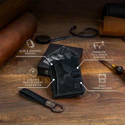 Kings Loot Money Clip Slim Minimalist Wallet for Men | RFID Blocking Leather Design with Money Clip | Front Pocket Bifold Holds 12 Cards | Stylish & Compact Wallets (Camo Black)