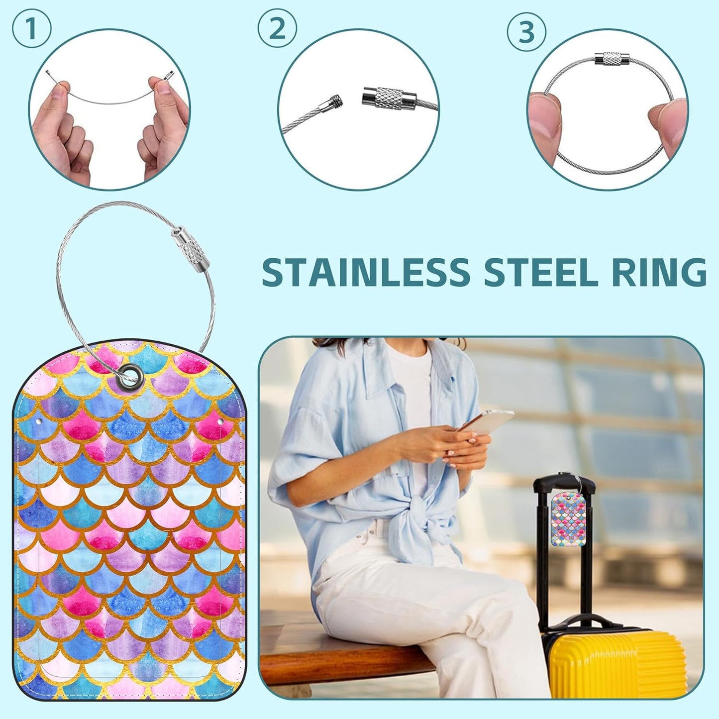 Tie-dye Fish Scale Luggage Tag for Suitcase Set of 2 PU Leather Cute Luggage Tags with Stainless Metal Loop ID Label Privacy Flap Suitcase Tags for Women and Men Travel