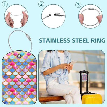 Tie-dye Fish Scale Luggage Tag for Suitcase Set of 2 PU Leather Cute Luggage Tags with Stainless Metal Loop ID Label Privacy Flap Suitcase Tags for Women and Men Travel