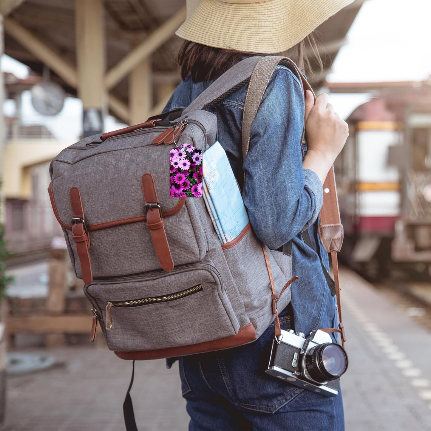 2 Pack Luggage Tags for Suitcases,Flowers Luggage Tag,PU Leather Id Label Luggage Tags with Stainless Steel Loop and Privacy Cover for Women Men Teens Travel