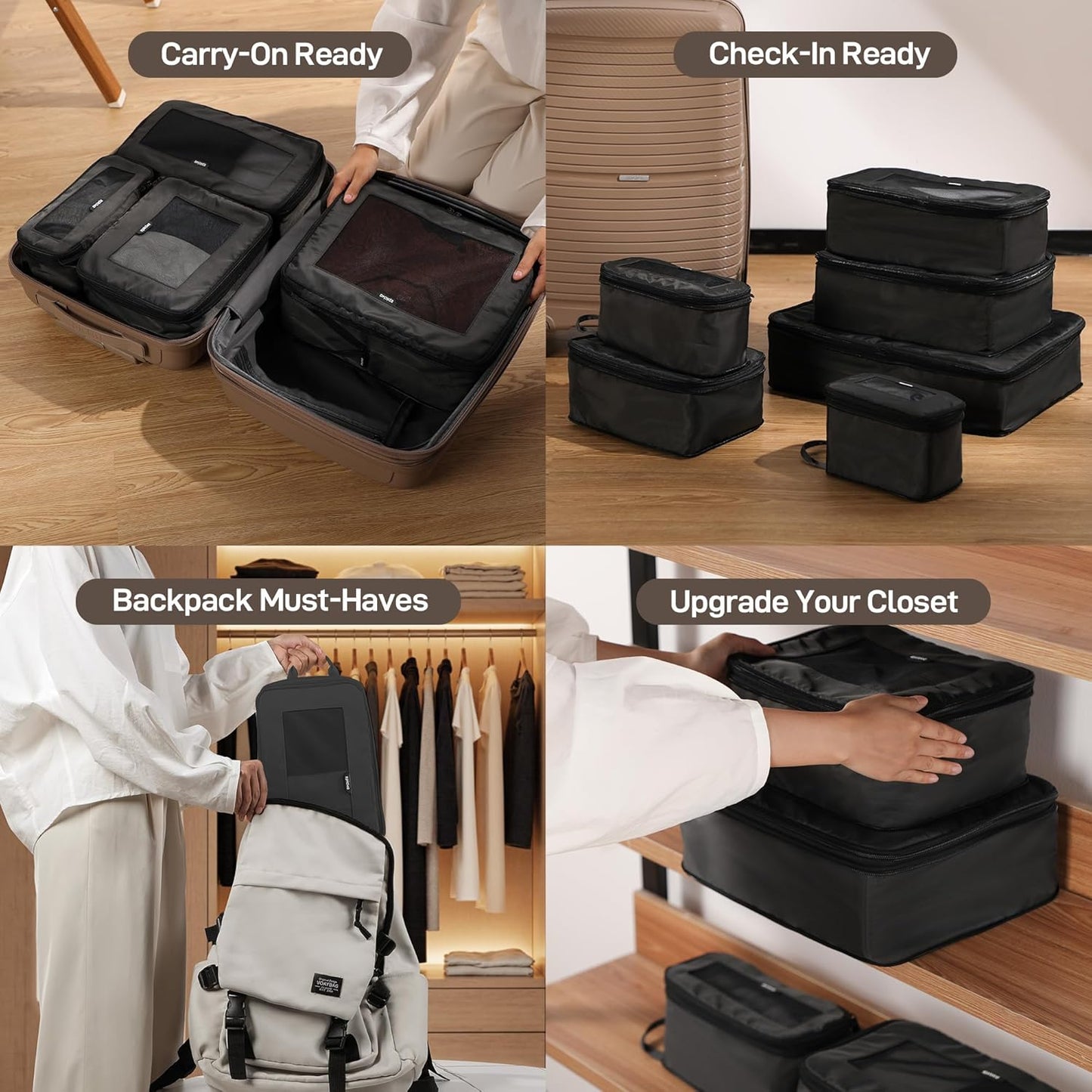 EPICKA TripCozy Compression Packing Cubes - 4 Set Durable Travel Organizer Bags with Mesh Top, Expandable Travel Accessories for Carry on, Luggage, Suitcase, Backpack (Dark Grey)