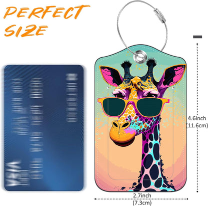 Luggage Tags for Suitcase Funny Giraffe Sunglasses 2 PCS Leather Travel Luggage Tag with Stainless Steel Loop Name ID Label Privacy Cover for Women Men Travel