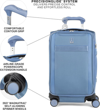 Travelpro VersaPack+ Lightweight Softside Expandable Carry on Luggage, 8 Spinner Suitcase, TSA Lock, Men and Women, Compact Carry On 20-Inch, Elemental Blue