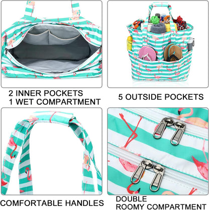 LEDAOU Large Beach Tote Bag Women Waterproof Sandproof Zipper Beach Tote Bag for Pool Gym Grocery Travel with Wet Pocket