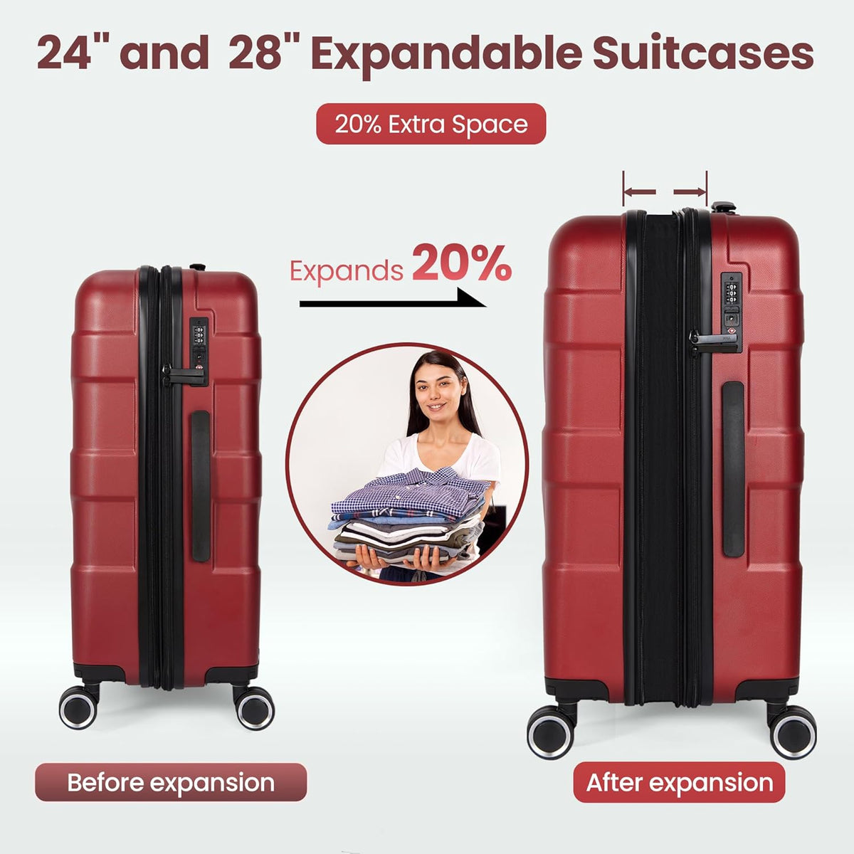 Luggage Sets 3 Piece with Spinner Wheel, Hardside Suitcase Set with TSA Lock, Expandable Lightweight Travel Luggage for Women, Red
