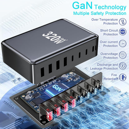 320W USB C Charger Block, 8-Port Fast USB Charging Station Hub PD 100W GaN Ⅲ Pro Charging Station for Multiple Devices, Laptop Charger Adapter Compatible with MacBook, DELL, iPad, iPhone, Samsung etc