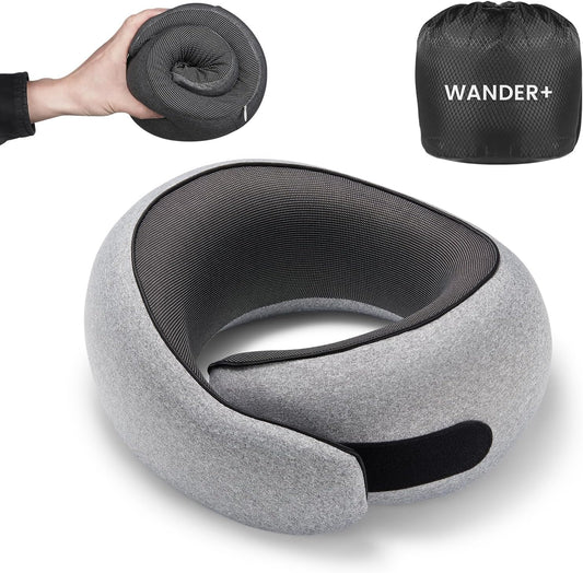 WANDER PLUS® Travel Pillow, 100% Pure Memory Foam Travel Neck Pillow Airplane Neck Support Ergonomic Design Best for Sleeping Plane Car Train Office Flight for Adults Grey