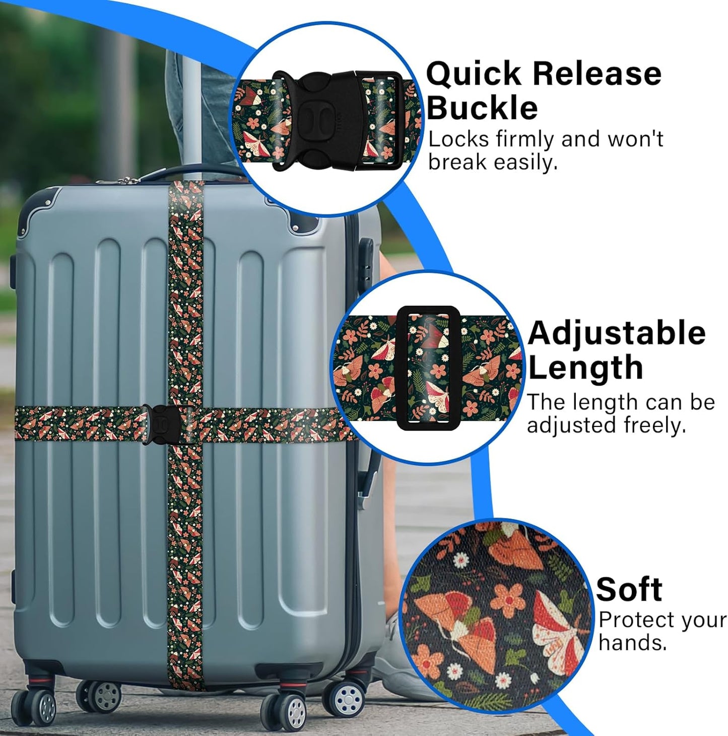 2 Pack Luggage Straps for Suitcases, Adjustable Travel Belt with Double Lock and Quick Release Buckle, Heavy Duty Nylon Bag Packing Strap, Unique Business Travel Accessories-Flower Butterfly