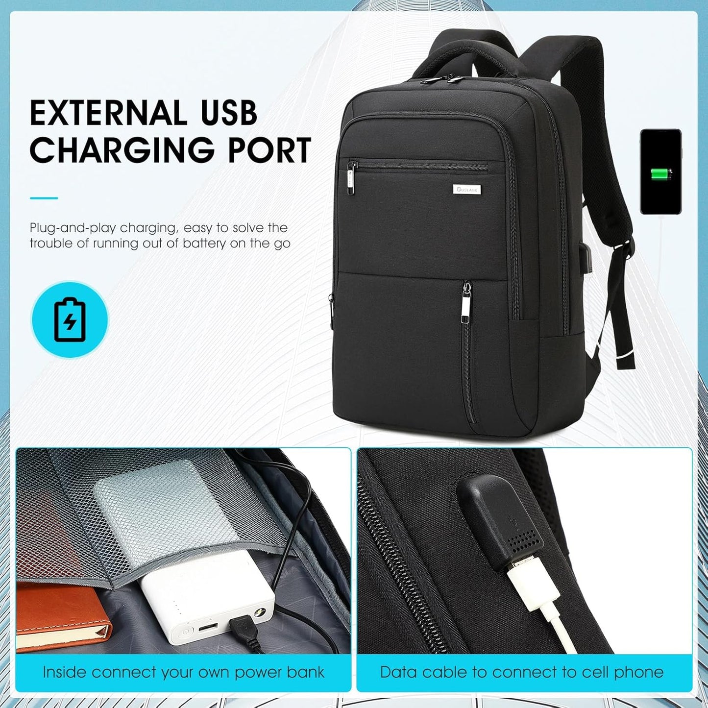 DUSLANG 15.6 Inch Laptop Backpack for Travel Water Resistant College Book bag for Men Women Laptop Bag with USB Charging Port Business Backpack,Black