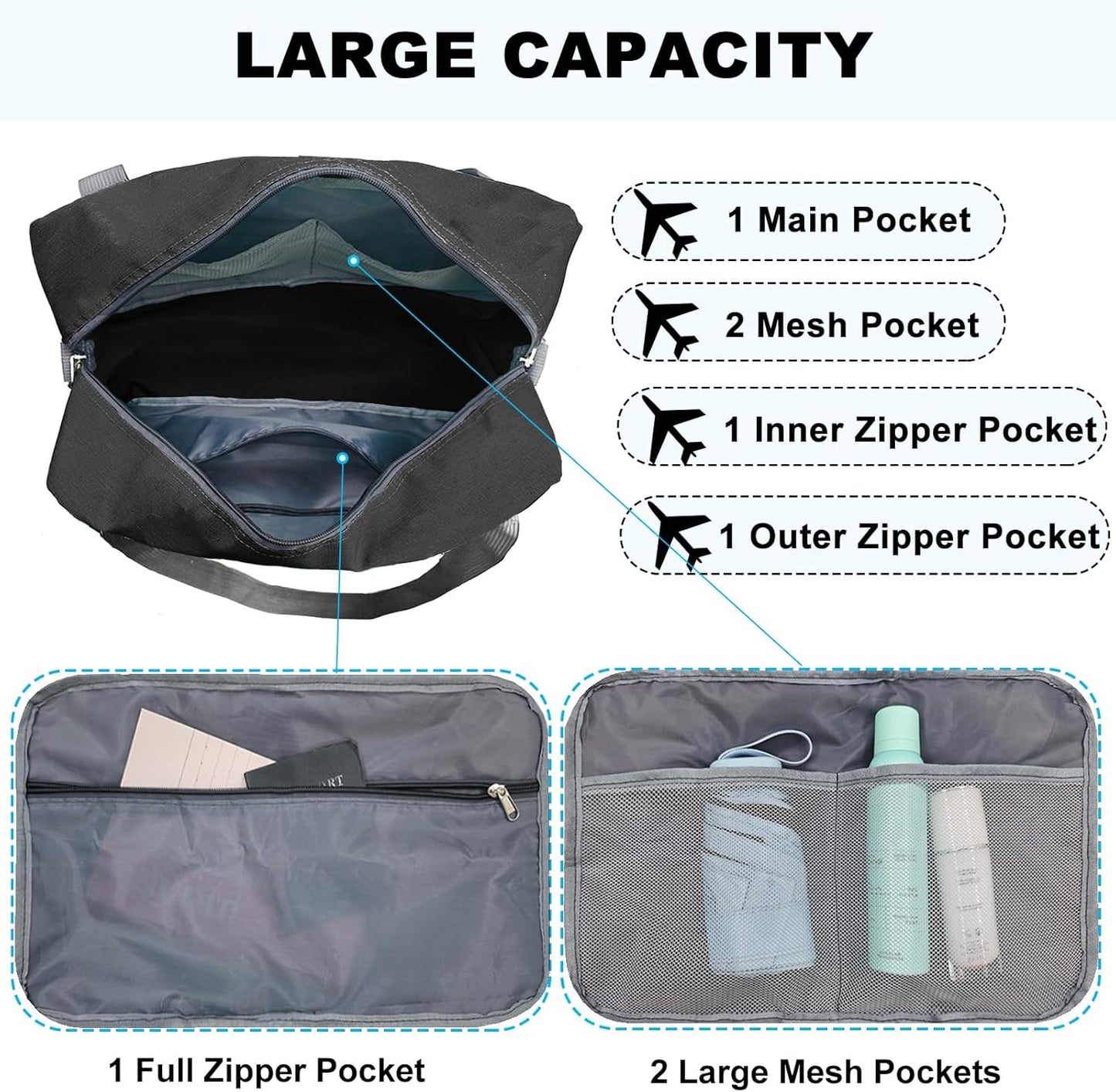 Foldable Carry on Luggage Bag 22x14x9 Personal Item Bag for Airplanes Travel Duffel Bag for Women and Men (40L, Black)
