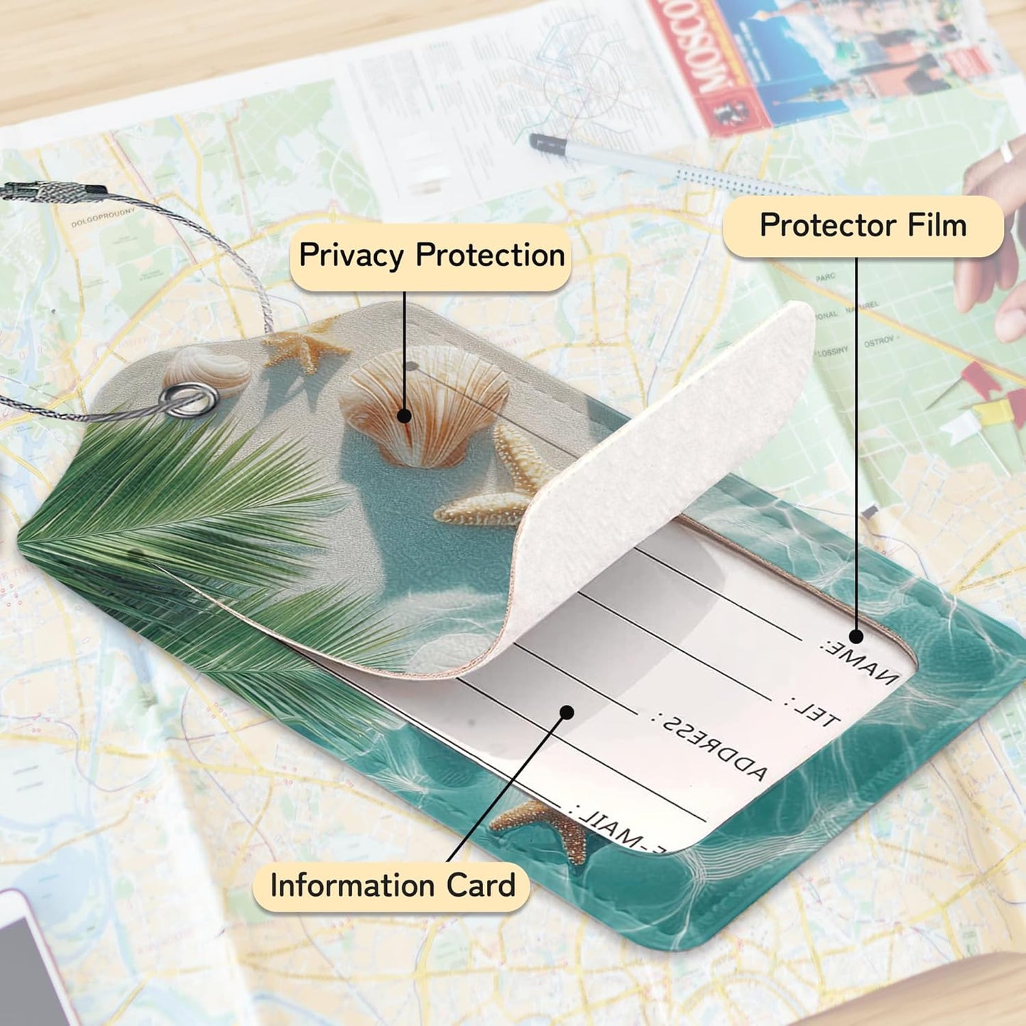 Starfish Seashell on Beach Luggage Tags for Suitcase,3 Pack Luggage Tag Leather Privacy Cover ID Label with Stainless Steel Loop for Women Men