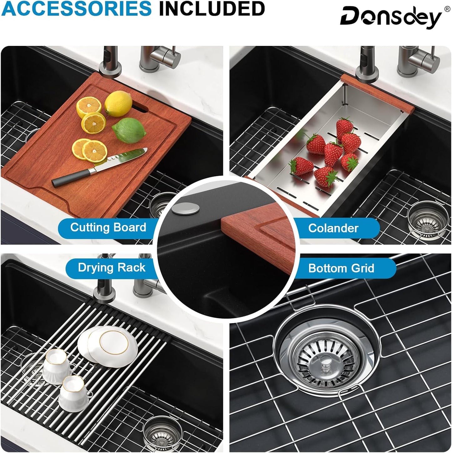 33 Inch Black Undermount Granite Composite Kitchen Sink Under Counter Quartz Single Bowl Sink Workstation Sinks with Accessories Quick Drain Noise Reduction Home Renovation Classic Style