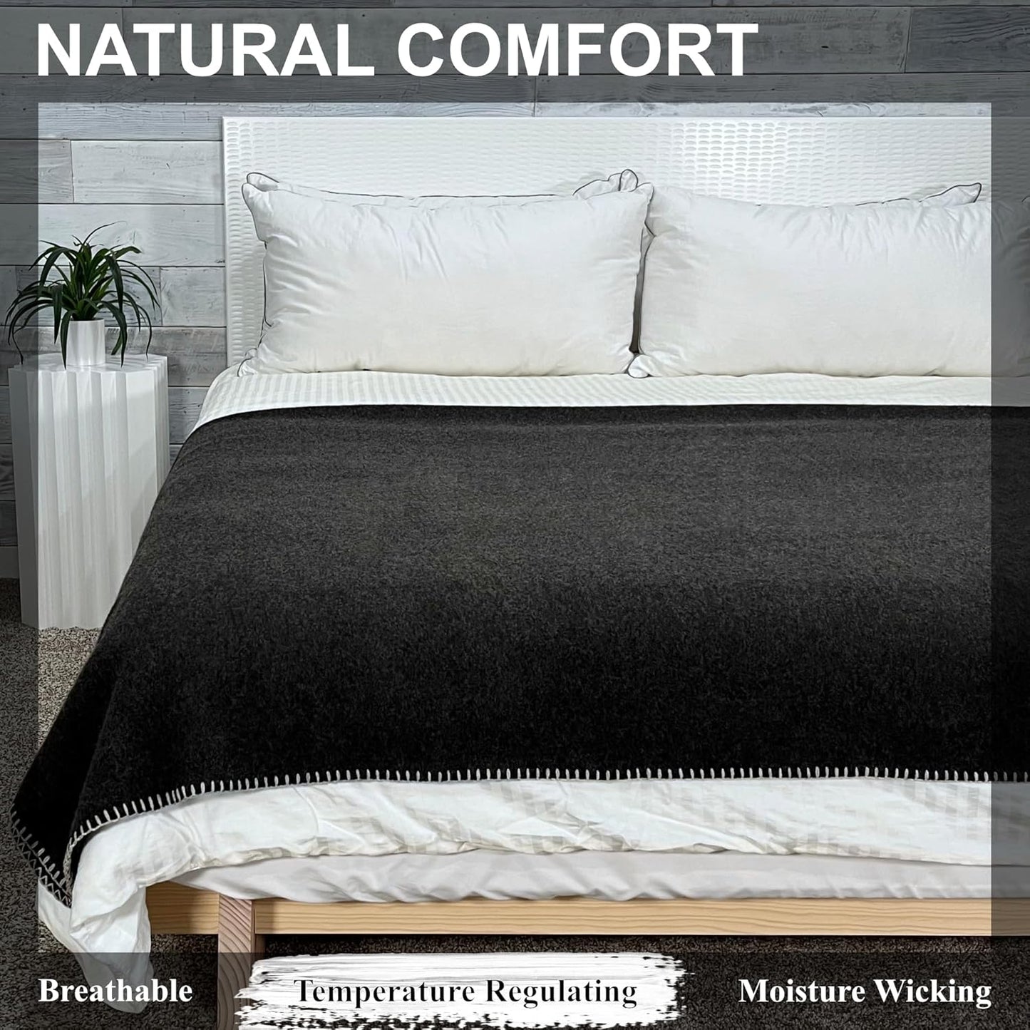 EKTOS 100% Virgin Wool Blankets, 90" x 78", Emergency Blanket for Car, Winter Camping (Charcoal, Full Size)