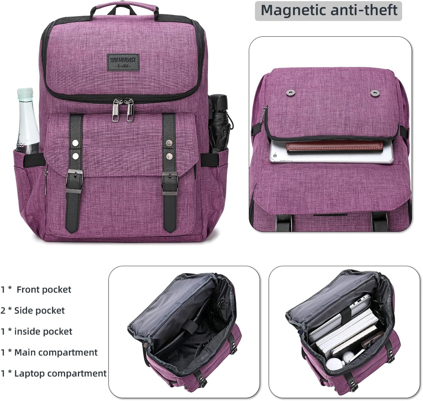 YALUNDISI Vintage Backpack Travel Laptop Backpack with usb Charging Port for Women & Men College Backpack Fits 15.6 Inch Laptop Purple