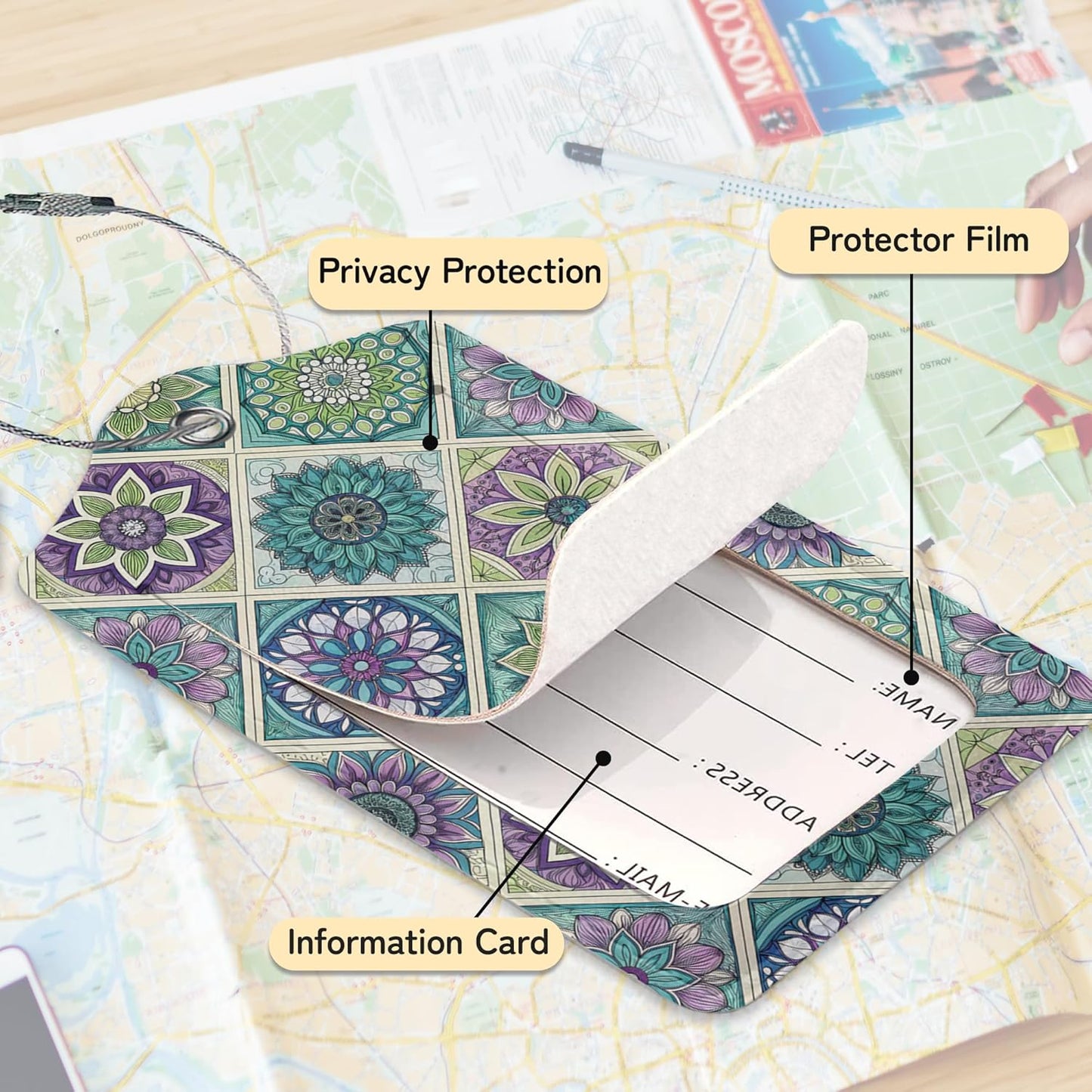 Vintage Mandala Floral Luggage Tag for Suitcase,Design with Privacy Flap Name ID Label Metal Loop, 3 Pack