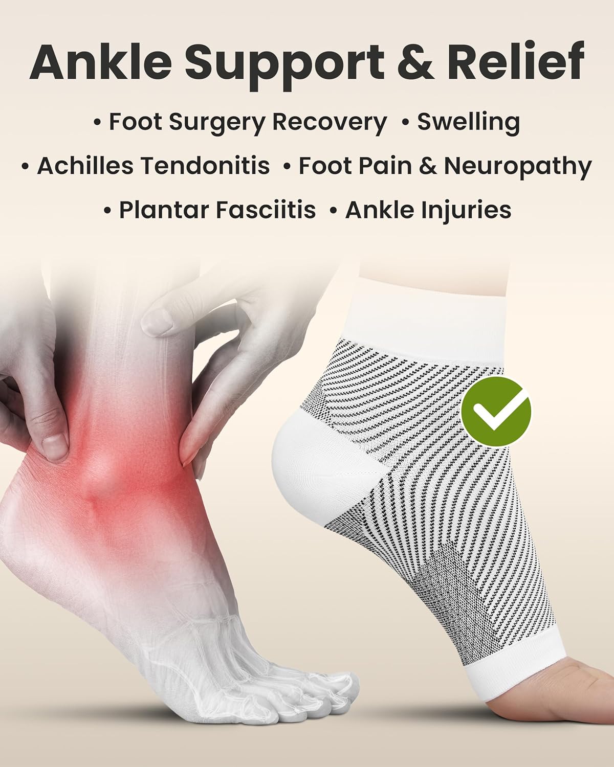 KEMFORD Ankle Compression Sleeve - Plantar Fasciitis Braces - Open Toe Compression Socks for Swelling, Sprain, Neuropathy, Foot Arch Support for Men and Women - 20-30mmhg, M, White and Black