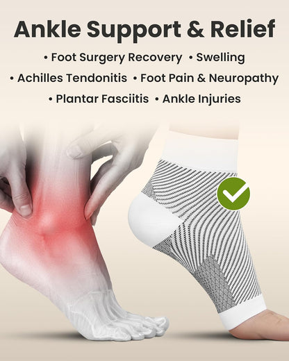 KEMFORD Ankle Compression Sleeve - Plantar Fasciitis Braces - Open Toe Compression Socks for Swelling, Sprain, Neuropathy, Foot Arch Support for Men and Women - 20-30mmhg, L, White and Black