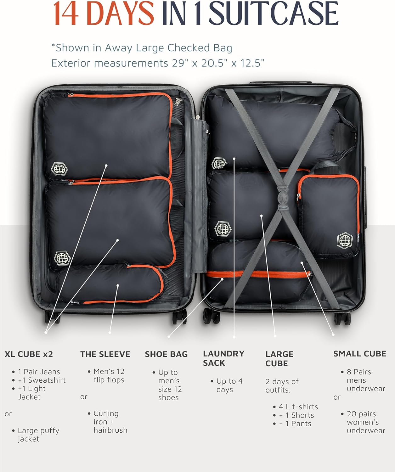 Large Compression Packing Cubes for Travel-Packing Cube Luggage Organizers 7 Piece Set for Checked Luggage-Ultralight, Expandable/Compression Bags by TRIPPED Travel Gear (Grey/Orange)