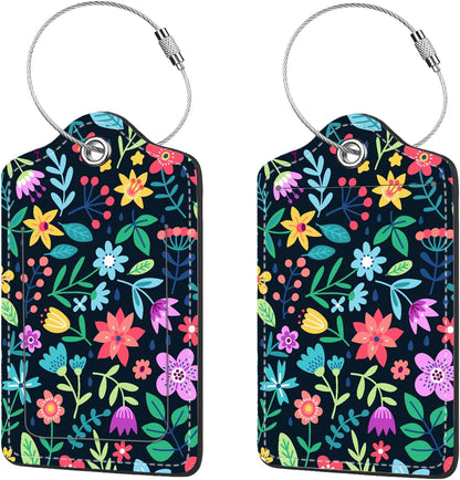 2 Pcs Luggage Tags for Suitcase, Cute Unique PU Leather Travel Bag Tag with Privacy Cover ID Label Address Card and Durable Metal Ring Suitable for Men Women Children Backpack,Crushed Flower