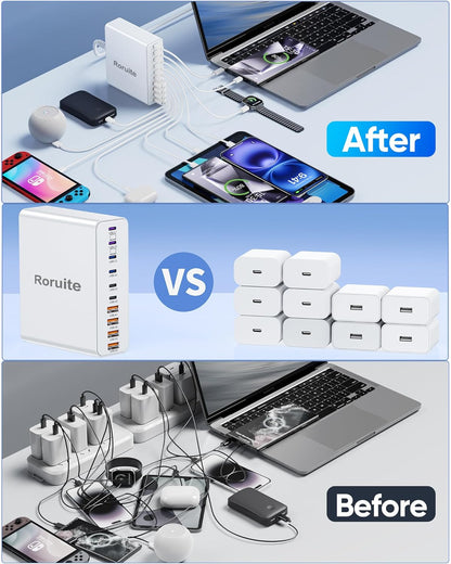 460W USB C Charger Block, 10-Port USB Charging Station GaN III PD Charger Type C & USB A, Dual 65W PC Laptop Fast Adapter for MacBook Pro/Air, iPhone, iPad, DELL, Samsung Galaxy, Android - White