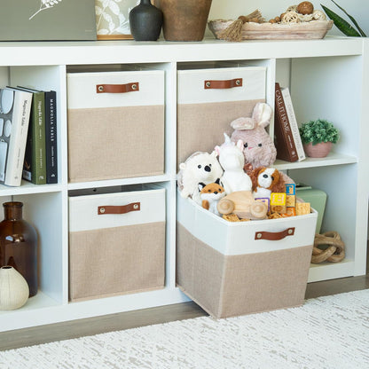OrganiHaus 12x12 Fabric Storage Bins - Set of 4, Cube Fabric Organizer Bins with Vegan Handles, Kallax Storage Cubes, Cubbies Organizer Boxes, 12Inch Cubic Baskets for Shelves - Beige/White