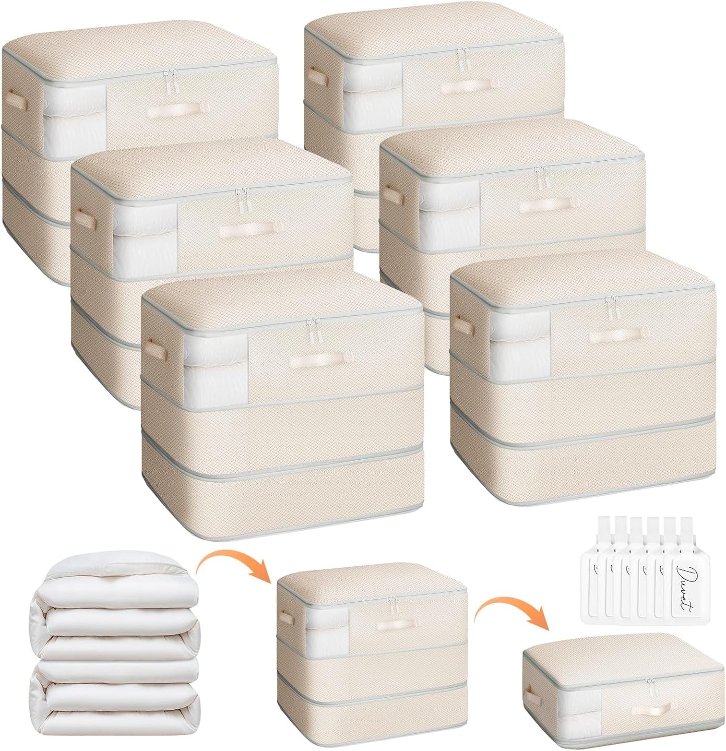6 Pack Compression Storage Bags - 110L Large Capacity Comforter Storage Bag, 3-Layer Washable Ultra Space Saving Self Compression Organizer Space Bags for Blankets, Sweaters, Sheets, Beige