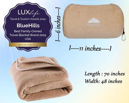 BlueHills Travel Blanket Pillow Rolled Premium Soft Plush Airplane Throw Traveler Essentials Gift Compact in a Bag 70X48 inches Long Car Plane Flight Portable Beige R06