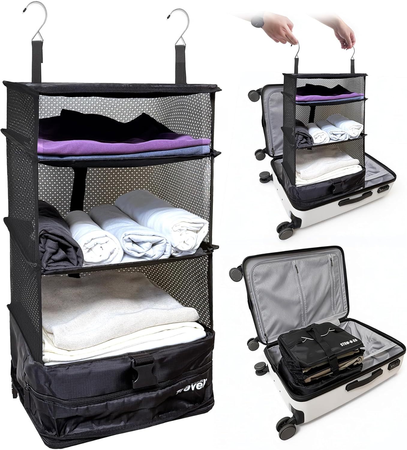 Grand Fusion Stow-N-Go Travel Luggage Organizer – Portable Hanging Travel Shelves, Carry-On Closet Organizer, Hanging Packing Cubes, Collapsible Carry-On Organizer for Cruises & Hotels. Black - L