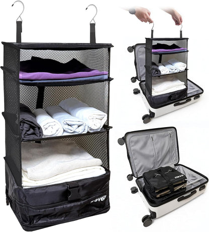 Grand Fusion Stow-N-Go Travel Luggage Organizer – Portable Hanging Travel Shelves, Carry-On Closet Organizer, Hanging Packing Cubes, Collapsible Carry-On Organizer for Cruises & Hotels. Black - L