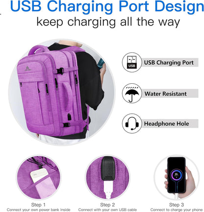 50L Carry On Backpack, Extra Large Laptop Backpack, Travel Backpack for Women, Expandable Water Resistant Big Bag Anti-Theft Business Daypack Fit 17 Inch Laptop with USB Port,Purple