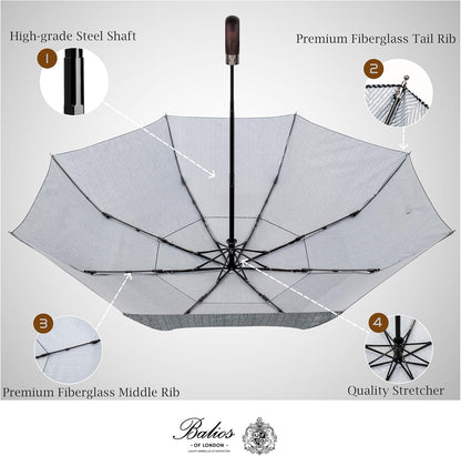Balios Travel Folding Umbrella with Real Wood Handle Auto Open Close Vented Windproof Canopy - Designed in UK