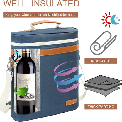 ZORMY 3 Bottle Insulated Wine Tote Cooler Bag, Portable Carrier with Corkscrew Opener and Shoulder Strap for Beach Travel Picnic, Unique Gift for Wine Lovers Navy Blue