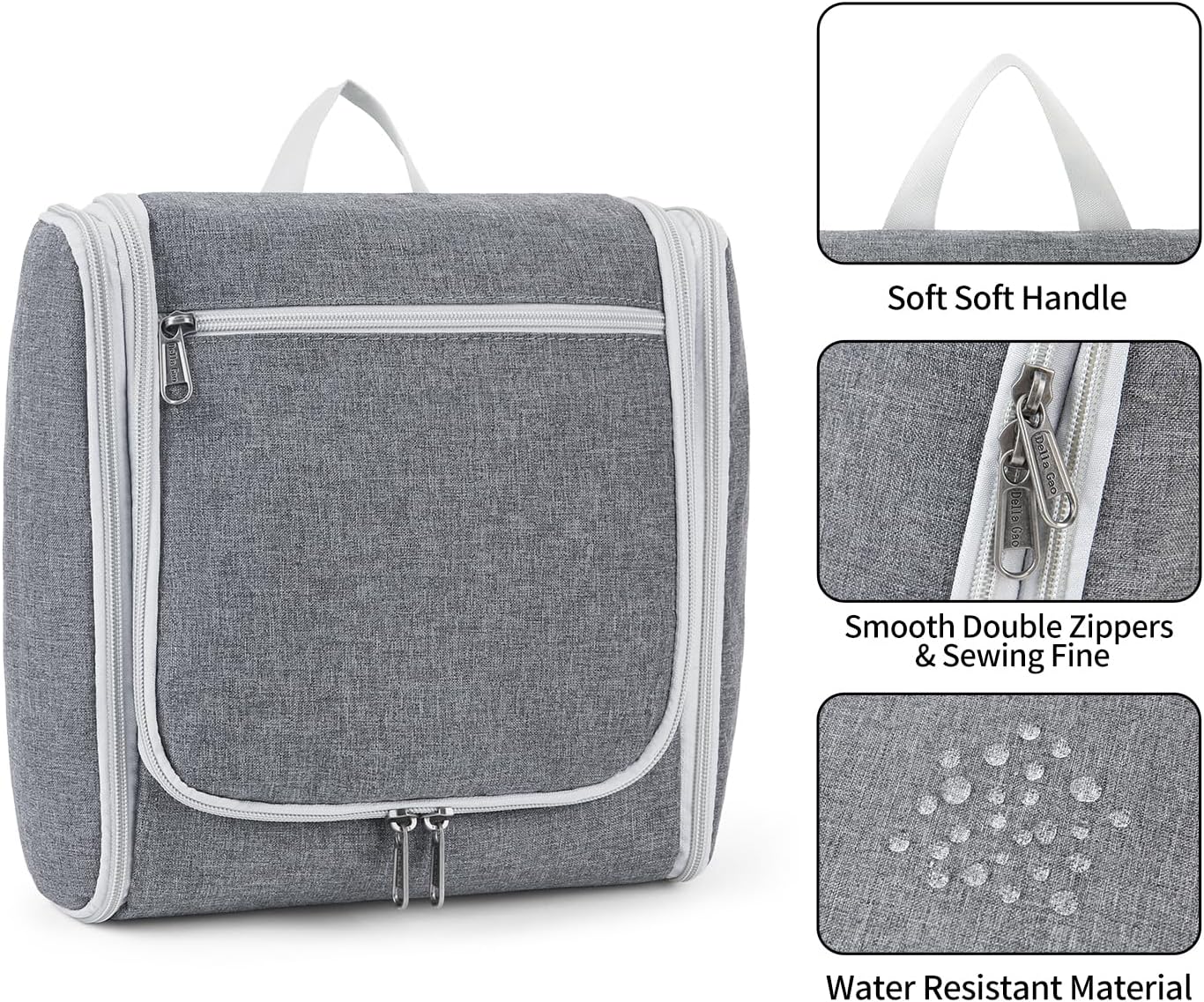 Della Gao Travel Hanging Toiletry Bag for Men and Women, Large Capacity Cosmetics Bag Makeup Bag Organizer, Bathroom Bag, Water-Resistant Nylon, Grey