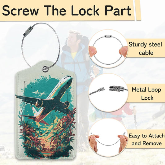 Airplane in The Sky Luggage Tags for Suitcase,3 Pack Luggage Tag Leather Privacy Cover ID Label with Stainless Steel Loop for Women Men