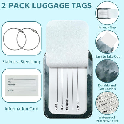 Misty Valley and Dark Forest Luggage Tag for Suitcase Set of 2 PU Leather Cute Luggage Tags with Stainless Metal Loop ID Label Privacy Flap Suitcase Tags for Women and Men Travel